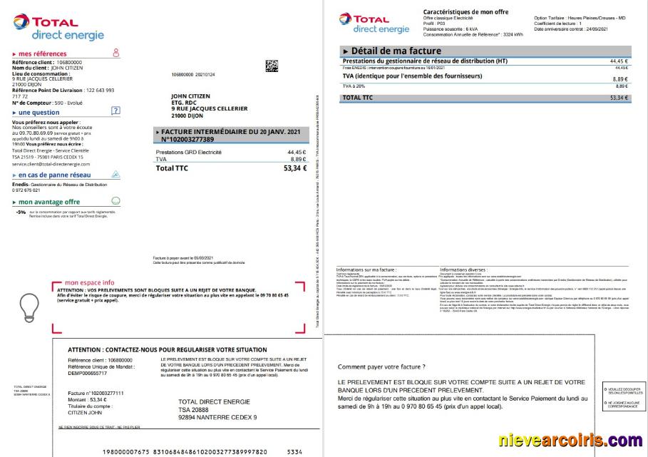 France Total Direct Energie utility bill